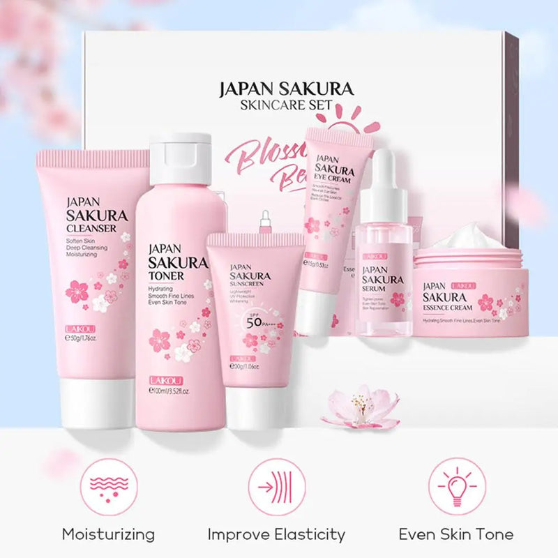 6 unidades / conjunto Sakura Conjuntos de cuidados com a pele Creme facial, soro, toner, limpador facial