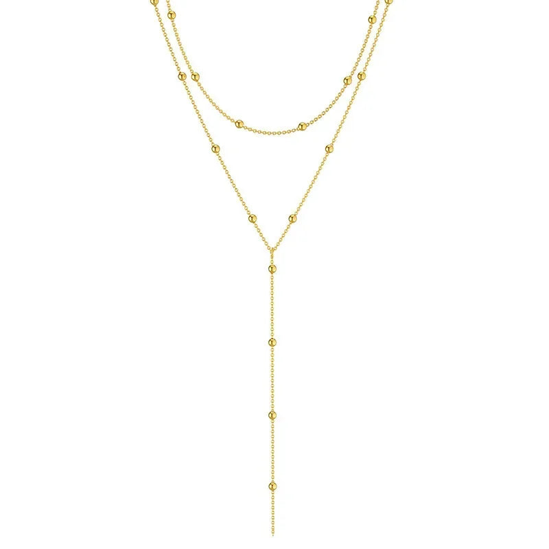 Gold Plated Lariat Necklace for Women Double Laryer Long Chain Drop