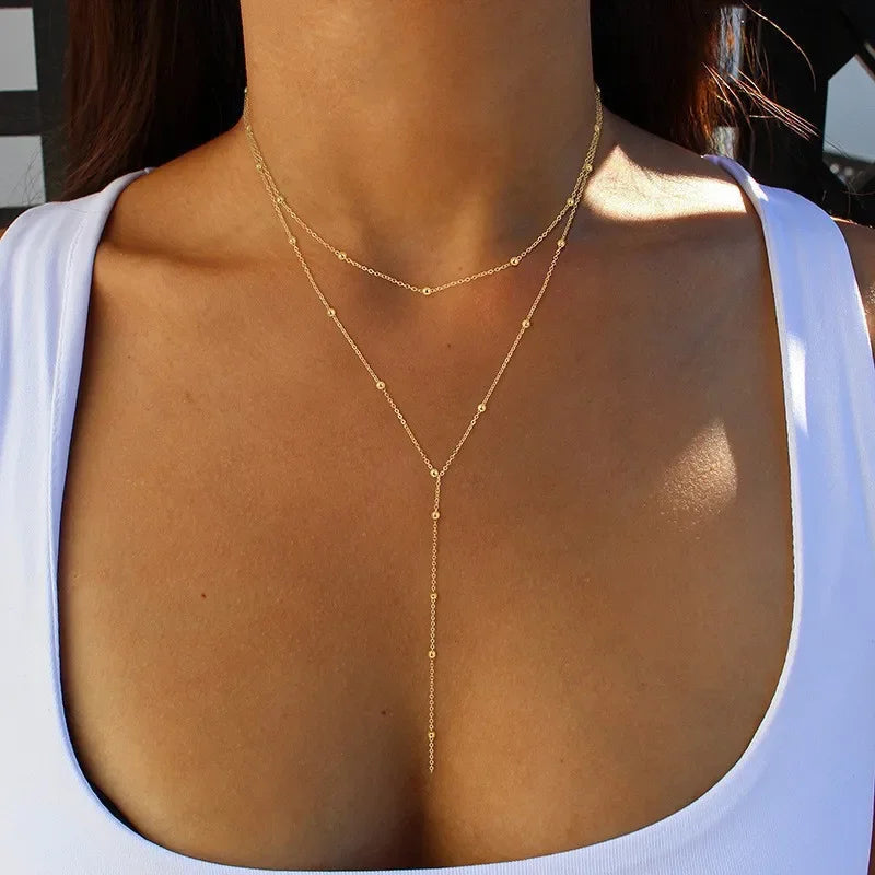 Gold Plated Lariat Necklace for Women Double Laryer Long Chain Drop