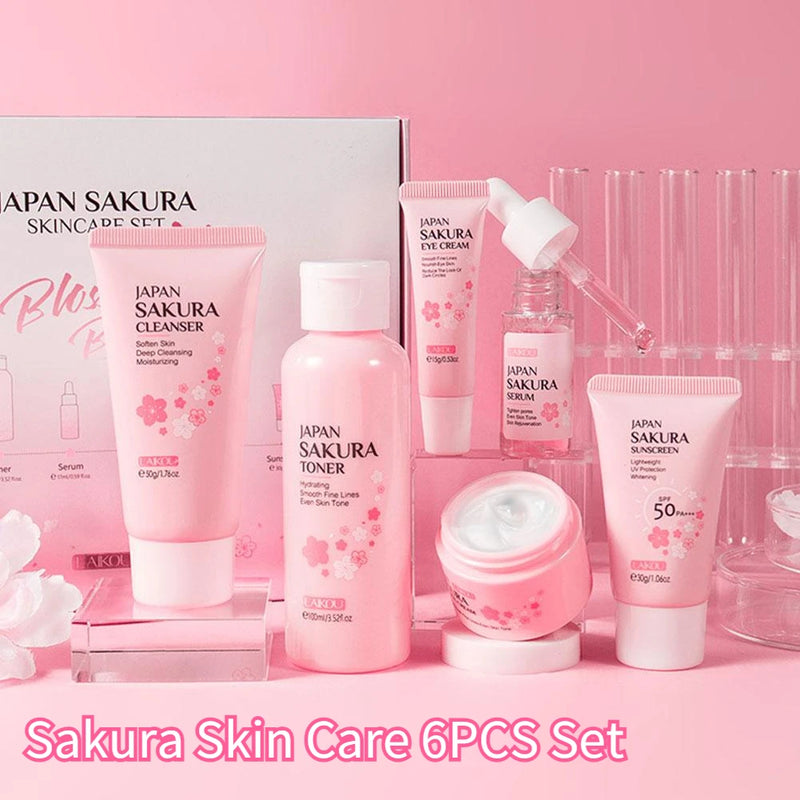 6 unidades / conjunto Sakura Conjuntos de cuidados com a pele Creme facial, soro, toner, limpador facial