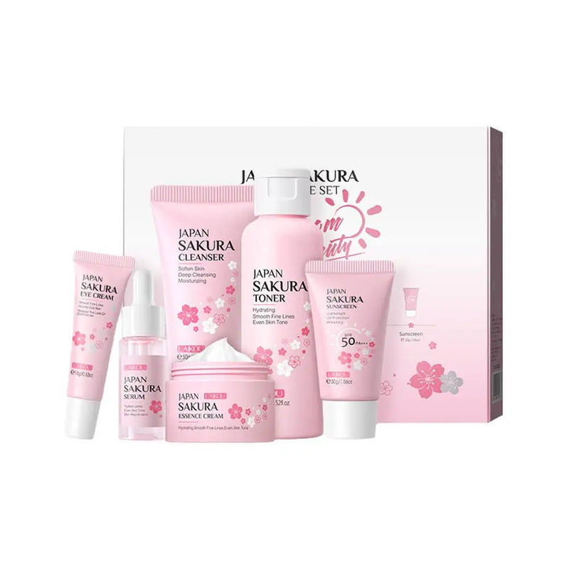 6 unidades / conjunto Sakura Conjuntos de cuidados com a pele Creme facial, soro, toner, limpador facial