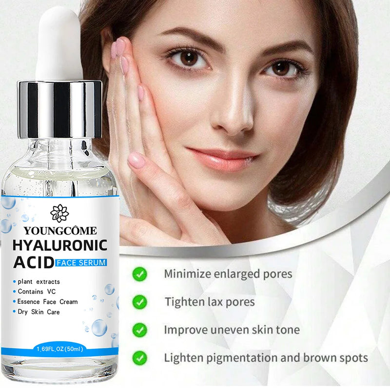 Essência facial de ácido hialurônico, essência hidratante profunda para pele facial.